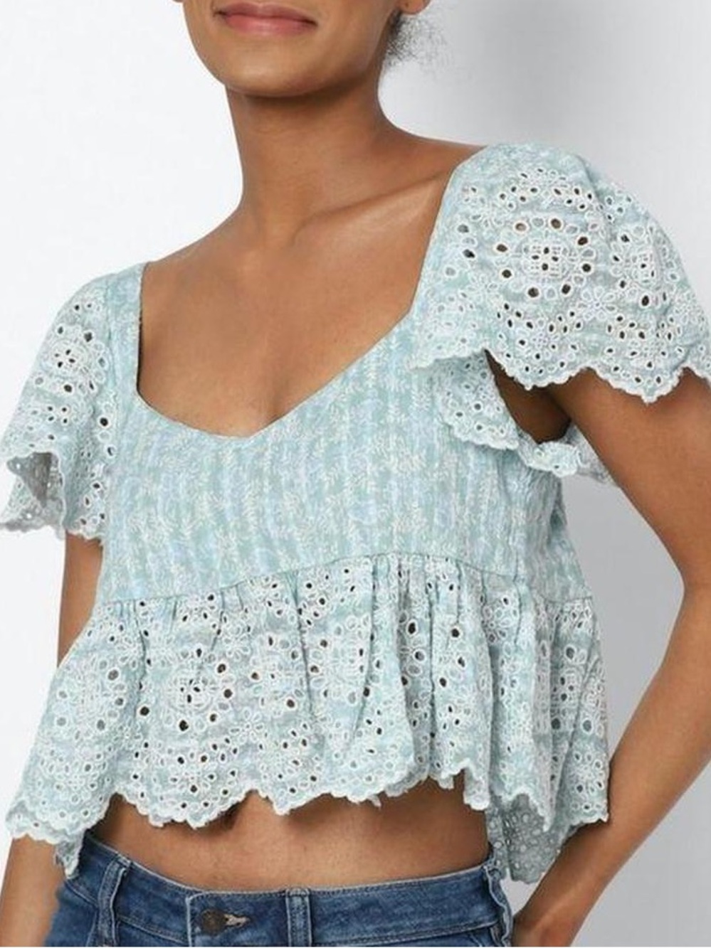 American Eagle Outfitters Light Blue Eyelet Flutter Sleeve Crop Top